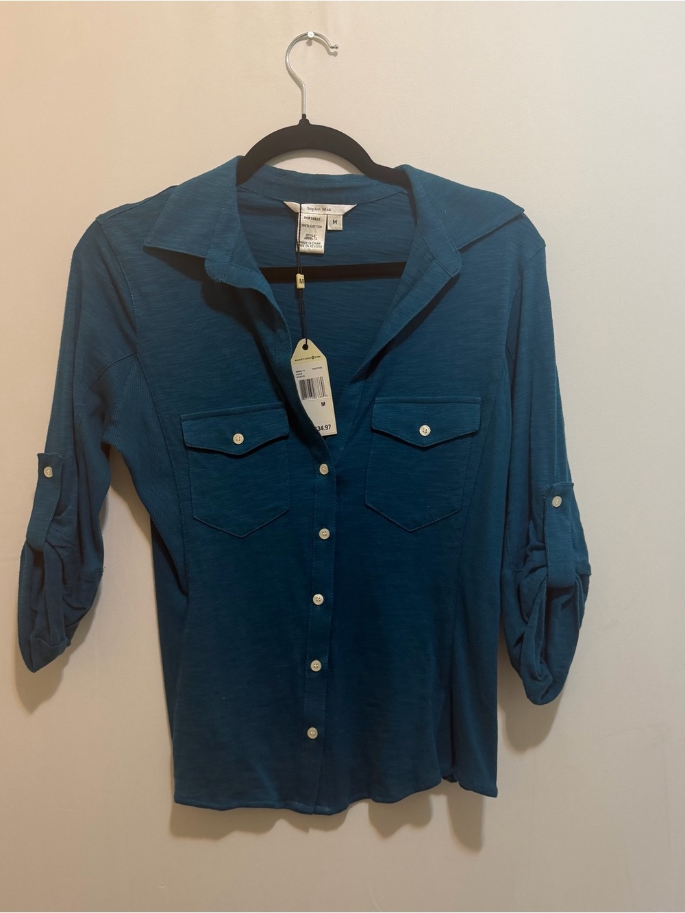 Sophie Max Teal Button-Down Shirt with Roll-Tab Sleeves - NWT